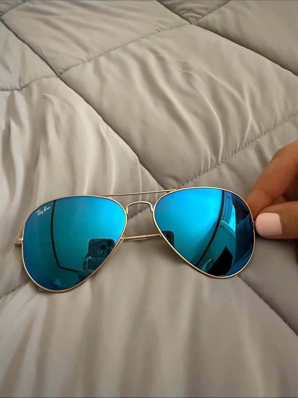 Ray-Ban Gold Aviator Sunglasses with Blue Mirrored Lenses